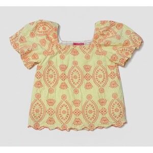 Lilly Pulitzer Yellow Gingham Eyelet Embroidered Puff Sleeve Top 010368 Womens M